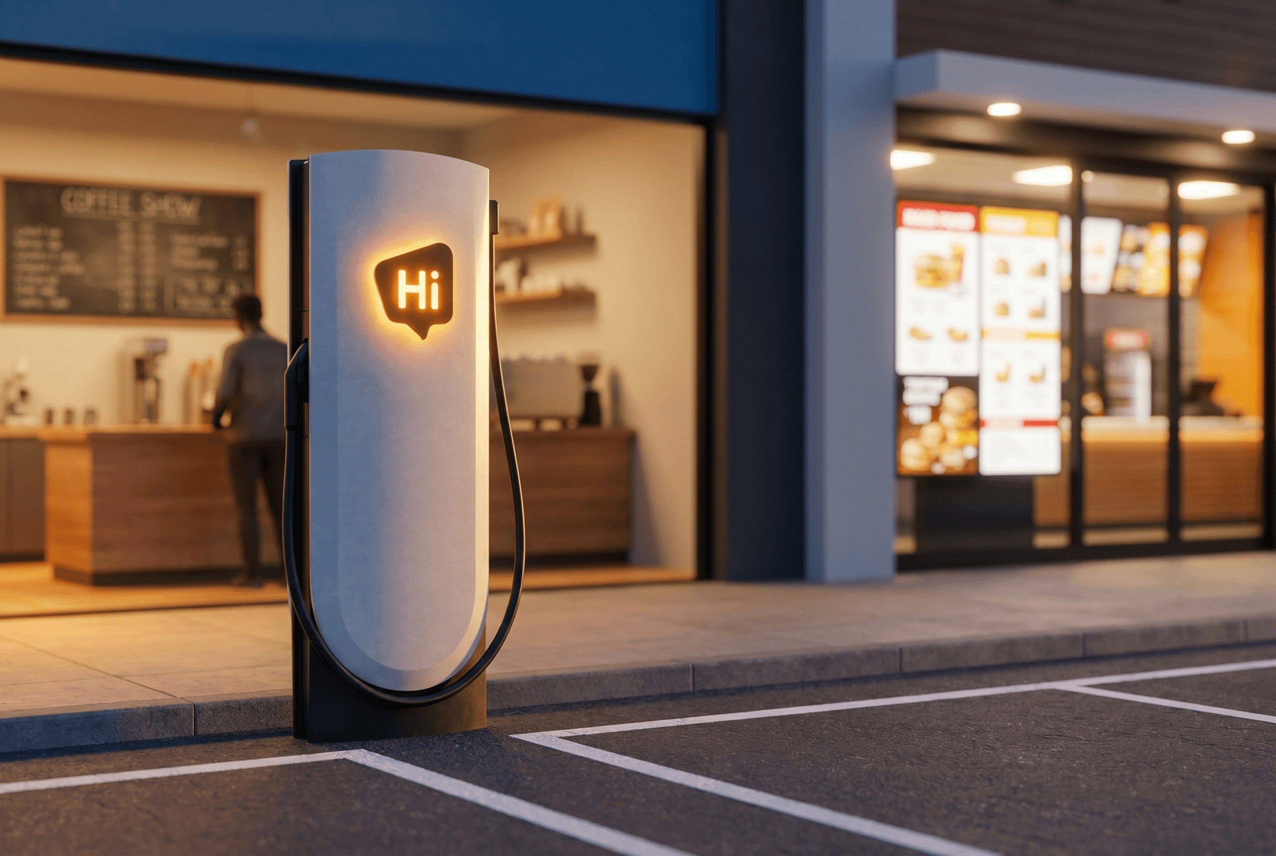 A HiON pillar at dusk in front of a coffee shop and quick-service restaurant — the 20–30 minute dwell time
